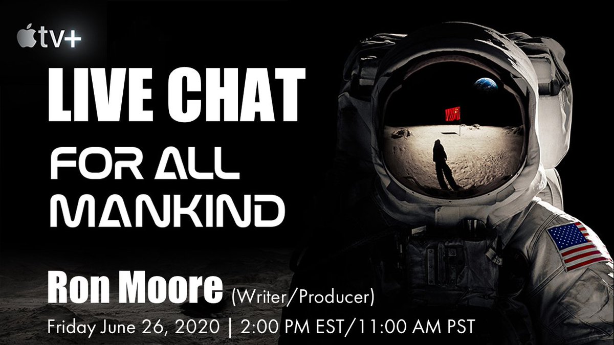 This Friday's live chat will have <a href="/RonDMoore/">Ronald D. Moore</a>, Writer/Producer for <a href="/AppleTV/">Apple TV</a>'s <a href="/forallmankind_/">For All Mankind</a>  

Join us Friday live @ 2:00 PM EST | 11:00 AM PST

Watch/Ask Questions here: youtu.be/PU3_CIyZcQk 

#scifi #filmmaking #filmmakers #screenwriting #Screenwriters