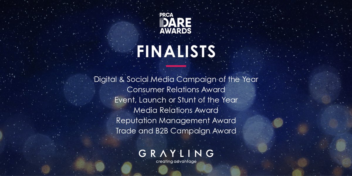 Six nominations? Yes please. Excited to be finalists for the @PRCA_UK DARE Awards – fingers crossed for our teams <a href="/GraylingSCOT/">Graying Scotland</a>, <a href="/GraylingNorth/">Grayling North</a> and <a href="/GraylingBham/">Grayling Birmingham</a>!