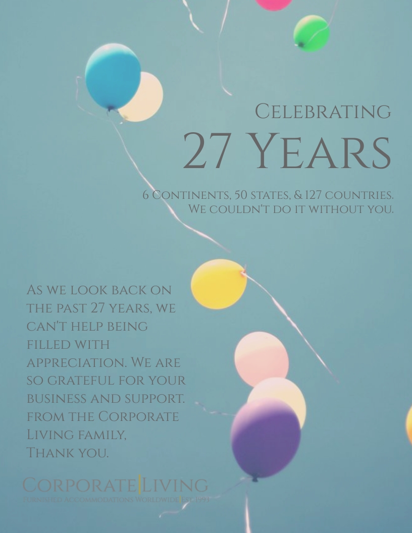 CorporateLiv's tweet photo. This month, we are celebrating our 27 year anniversary. We couldn't do it without you! Thank you from the Corporate Living Family. #Anniversary #CorporateLiving #27Years https://t.co/Hym8rVqfFd