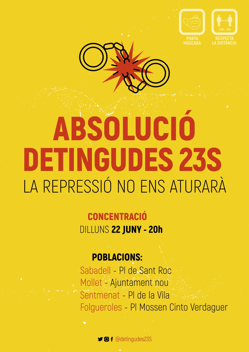 Detingudes23S (@detingudes23s) on Twitter photo 🔴 ATENCIÓ, CONVOCATÒRIA URGENT!
⚠️ ÚLTIMA HORA! Han sigut citades a declarar a l'Audiencia Nacional, la @RepublicaValles, el <a href="/ConnorJHO/">David Budria</a> i quatre companyes més que afegeixen a la causa.
👉 Per això avui, tornem els carrers contra la seva repressió!
#AbsolucióDetingudes23s 🔴 ATENCIÓ, CONVOCATÒRIA URGENT!
⚠️ ÚLTIMA HORA! Han sigut citades a declarar a l'Audiencia Nacional, la @RepublicaValles, el <a href="/ConnorJHO/">David Budria</a> i quatre companyes més que afegeixen a la causa.
👉 Per això avui, tornem els carrers contra la seva repressió!
#AbsolucióDetingudes23s