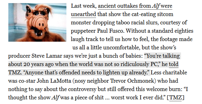 this is from a 2010 vulture article and it's exhausting thinking about how how much we all need to grow up and get over racism according to sitcom people tends to be contingent on how many black people are dying on camera at any given time
