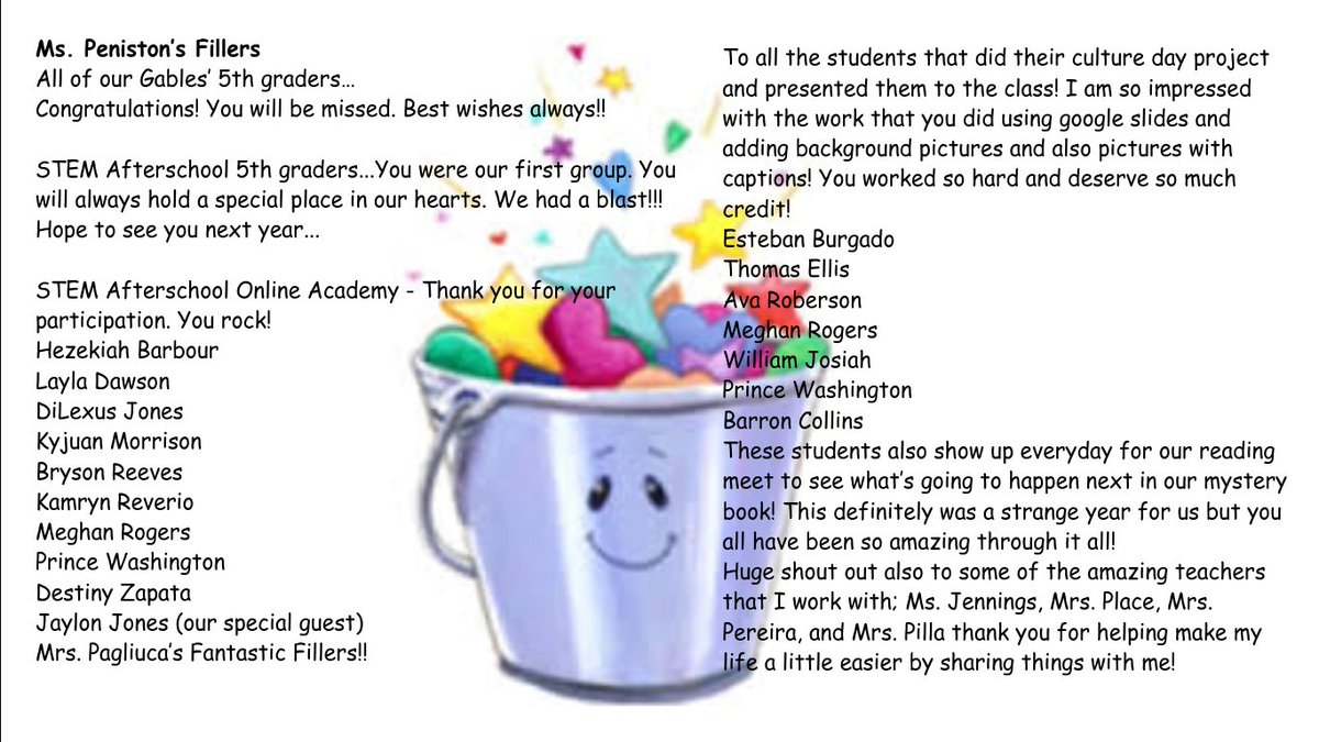GablesGator's tweet photo. Last SHOUT OUT to our Bucket Fillers! Congratulations to all our Gables Ss&amp;staff that filled our buckets w kindness this year. #Keepmakingadifference #fillbuckets  #GablesRocks #BucketFillingCommunity @Jloveland7 @LaurenGanley @lori_celiberti @TamiCrader https://t.co/mkBHteEbri