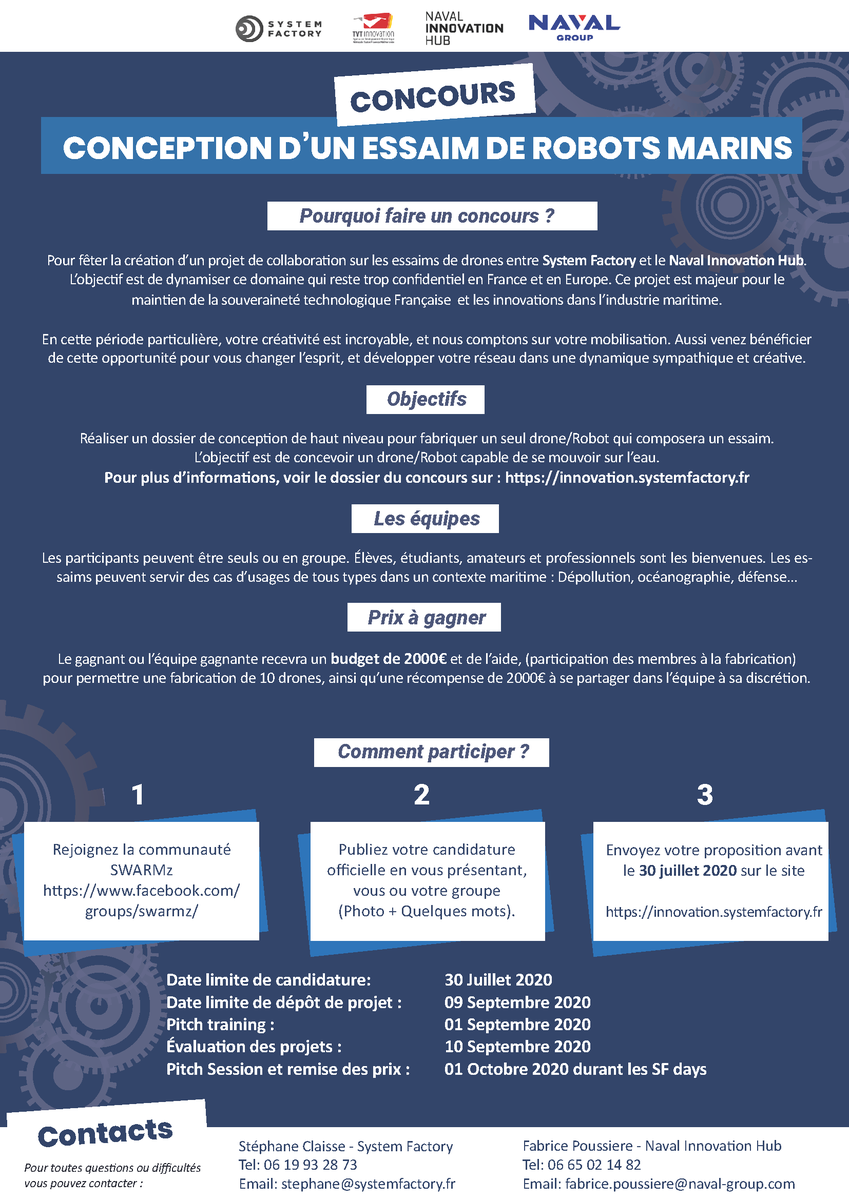 1er Challenge du Naval Innovation Hub : proposez votre architecture de robots évoluant en essaim ! 🌊 Lancé par <a href="/navalgroup/">Naval Group</a> &amp; @StationSF, l’objectif est de concevoir un drone/robot capable de se mouvoir sur l’eau. 🐠⚓

swll.to/XCN9uGX  #drone #toulon