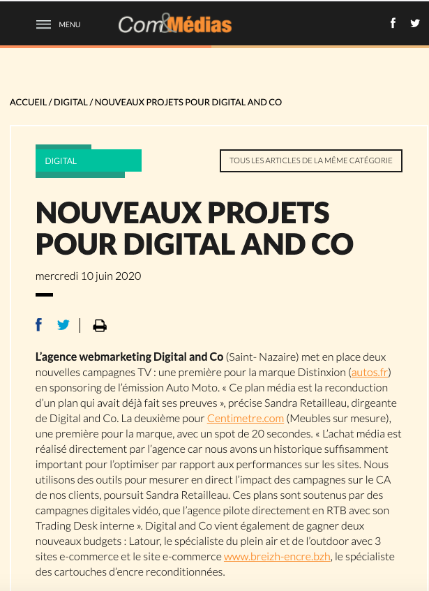 [Actu] Notre agence nantaise @Digital_andCo continue sa croissance ! 2 belles campagnes TV en cours pour les marques Distinxion et centimetre.com mais aussi 2 nouveaux budgets #ecommerce signés : Latour et Breizh Encre. Bravo la #dreamteam 👏 #webmarketing #business