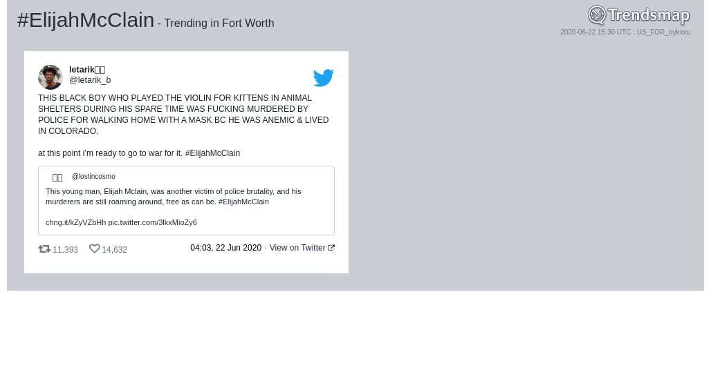 TrendsFortWorth's tweet photo. #elijahmcclain is now trending in #FortWorth

https://t.co/P1NUD5VUNF https://t.co/u0uXBWIR04