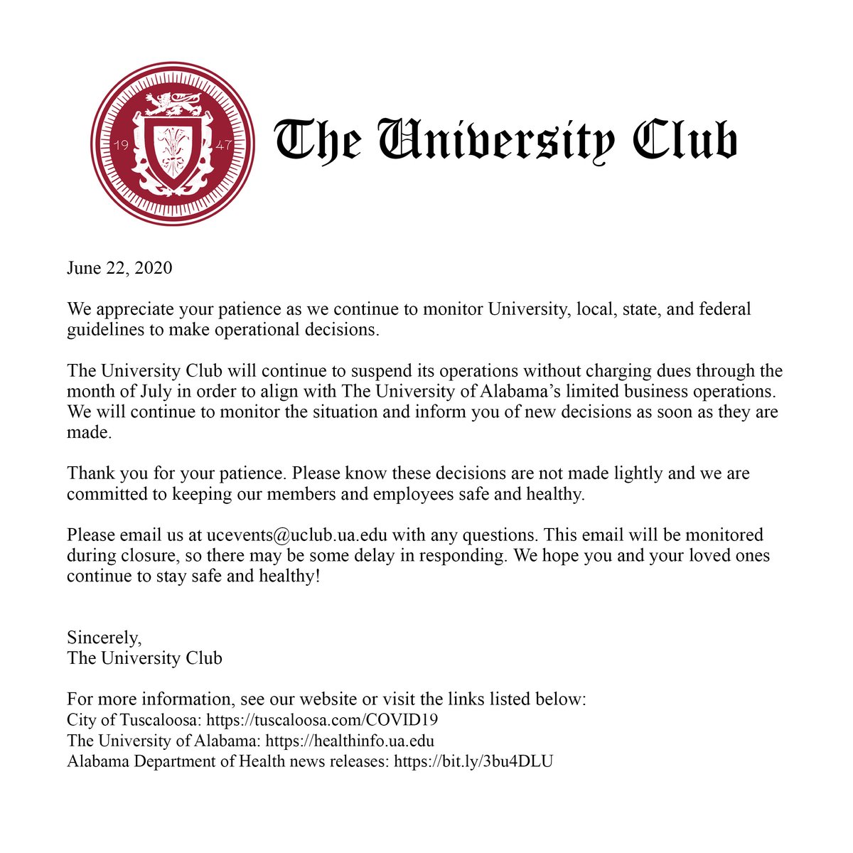 We hope you are continuing to stay safe and healthy! We will keep you updated with any changes as soon as they come. Thank you for your patience!

Please feel free to email us with any questions.