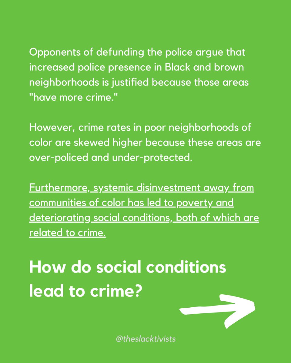 Here’s a breakdown of how social conditions lead to crime, the criminalization of poverty, and the misconception that Black and brown neighborhoods are overpoliced because they “have more crime”. (1/3)