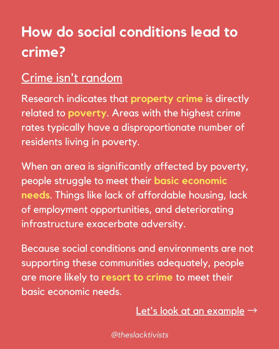 Here’s a breakdown of how social conditions lead to crime, the criminalization of poverty, and the misconception that Black and brown neighborhoods are overpoliced because they “have more crime”. (1/3)