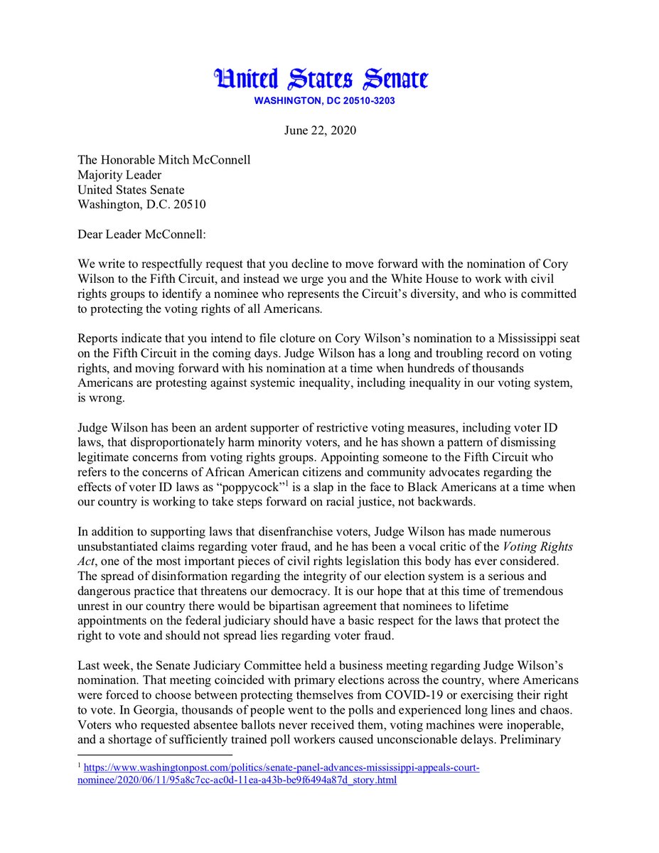 Page 1 of the letter from Senate Democratic Leader Chuck Schumer (D-NY), Senate Committee on the Judiciary Ranking Member Dianne Feinstein (D-CA), and Senate Committee on Rules and Administration Ranking Member Amy Klobuchar (D-MN) to Senate Majority Leader Mitch McConnell (R-KY) requesting that the Republican Leader stop the nomination of Cory Wilson to the Fifth Circuit, and instead work with civil rights groups to identify a nominee who represents the Circuit’s diversity, and who is committed to protecting the voting rights of all Americans.