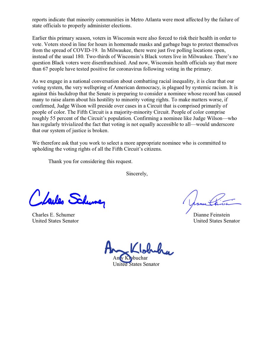 Page 2 of the letter from Senate Democratic Leader Chuck Schumer (D-NY), Senate Committee on the Judiciary Ranking Member Dianne Feinstein (D-CA), and Senate Committee on Rules and Administration Ranking Member Amy Klobuchar (D-MN) to Senate Majority Leader Mitch McConnell (R-KY) requesting that the Republican Leader stop the nomination of Cory Wilson to the Fifth Circuit, and instead work with civil rights groups to identify a nominee who represents the Circuit’s diversity, and who is committed to protecting the voting rights of all Americans.
