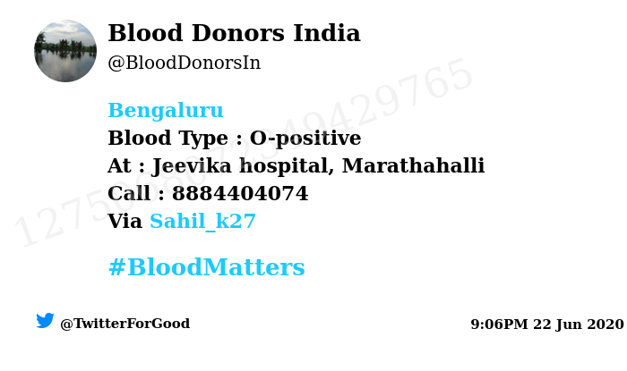 BloodDonorsIn's tweet photo. #Bengaluru
Need #Blood Type :  O-positive
At : Jeevika hospital, Marathahalli
Number of Units : 4
Primary Number : 8884404074
Secondary Number : 7349089930
Patient : Badal Mohanty 
Illness : #Dengue 
Via: @Sahil_k27
#BloodMatters
Powered by Twitter https://t.co/KabQesY3xT
