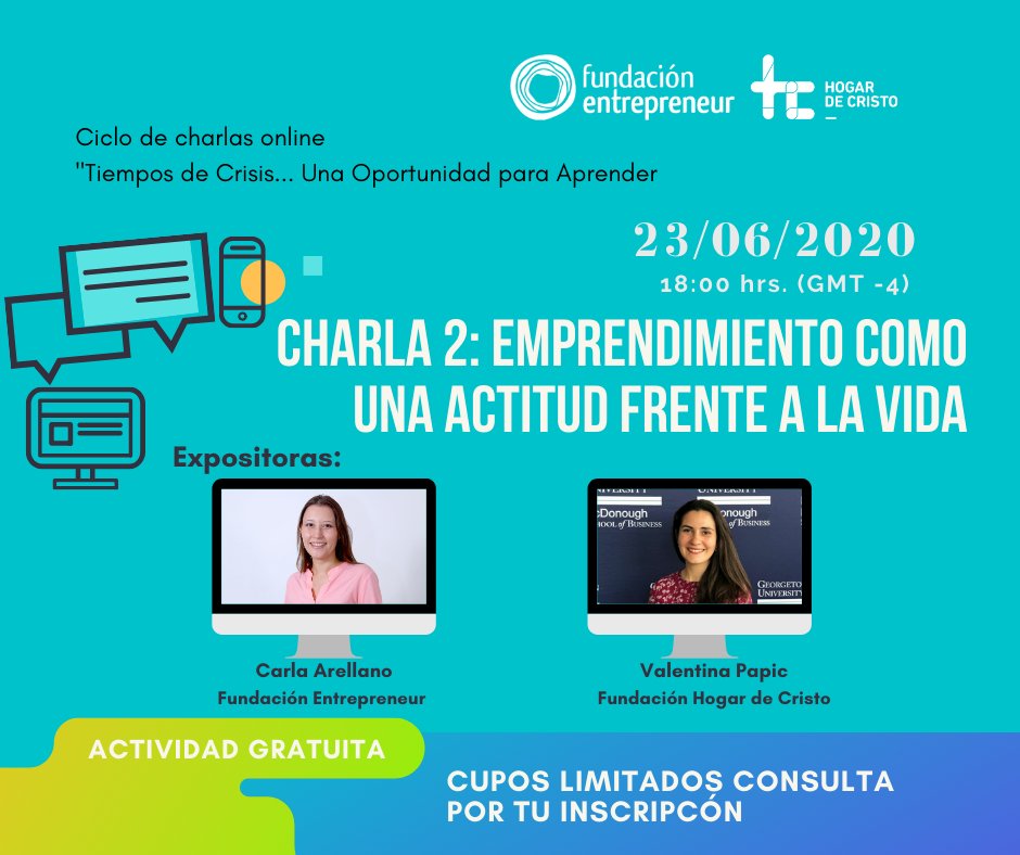 Los invitamos a nuestra segundo seminario online, en el cual, <a href="/carlaarellanog/">Maria Carla Arellano</a>  (Fundación Entrepreneur) y Valentina Papic (Hogar de Cristo) nos hablarán sobre: "Emprendimiento como una actitud frente a la vida". 

Inscripciones aquí: us02web.zoom.us/webinar/regist…
¡Los esperamos!