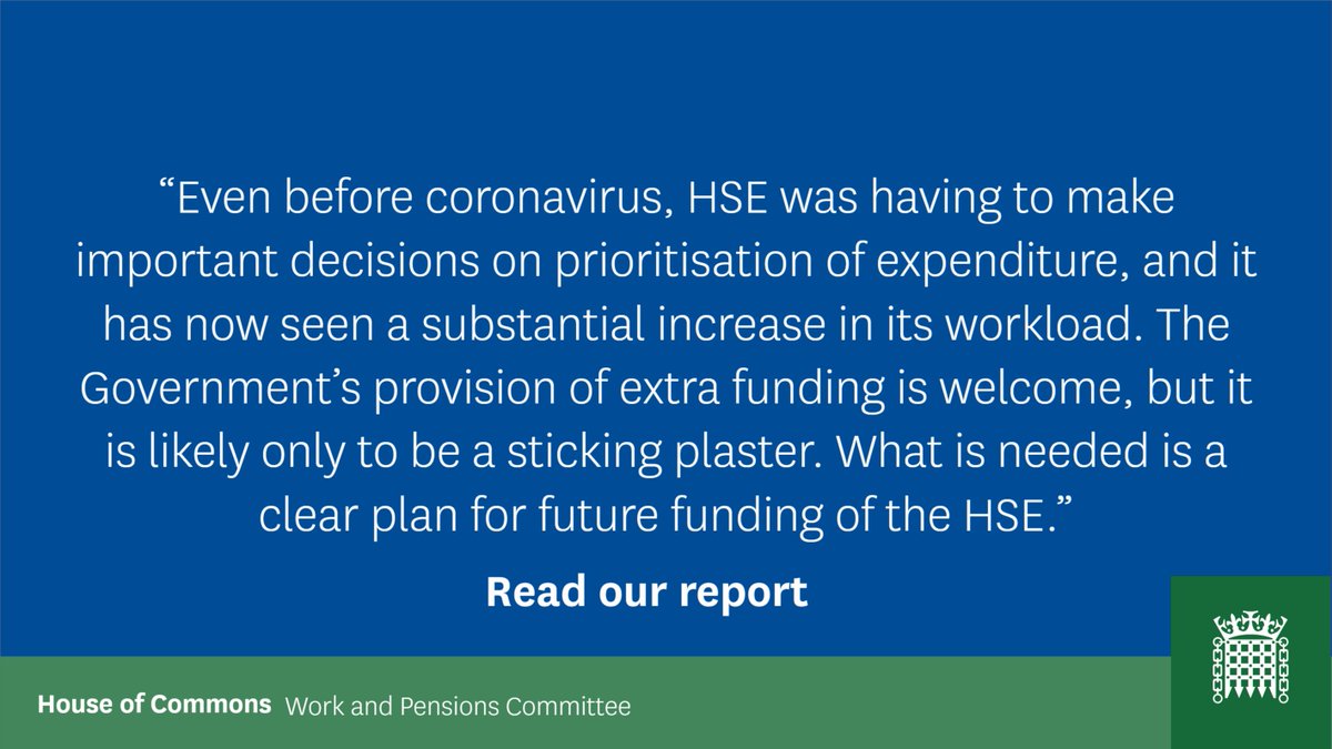 The Health and Safety Executive  @H_S_E has taken a central role keeping workplaces safe during the pandemic.But it’s seen a 9.4% fall in its taxpayer funding since 2015-16.We recommend that  @DWP sets out a long-term plan for funding  @H_S_E and publicises its essential role.