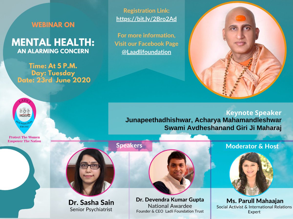 deep8520's tweet photo. Worth attending Webinar session on alarming situation of mental health issues during Pendamic.
@FoundationLadli @LaadliDevendra #Mentalhealth #pandemic #healthisfirst https://t.co/TK8t0ljpnp