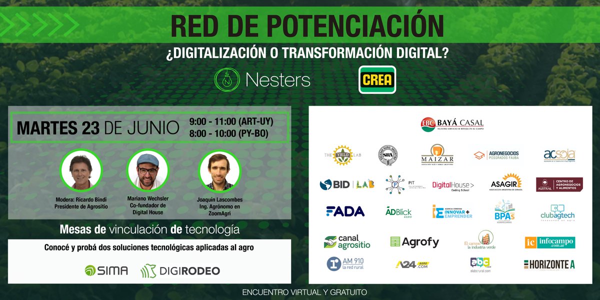 SociedadRural's tweet photo. ¡Mañana! Red de potenciación: ¿Digitalización o transformación digital?

23 de junio, 9 hs.

Inscribite y conocé las últimas tecnologías aplicadas al agro.
https://t.co/EL3pTjILsE

@NestersTech 
 
@crea_arg https://t.co/rMloFeQqzs
