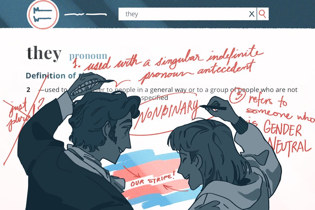 my absolute favorite article i've illustrated for was @ratkuku `s piece on the singular history of they/them pronouns :,)

happy pride to nonbinary folks and for breaking the binary for centuries ?

read here: https://t.co/OwAHV5chJM 