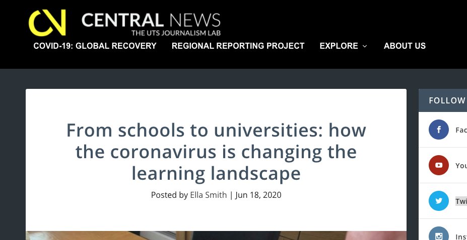 Here's our Journalism student <a href="/bloggerkatielou/">Katie Rushworth</a> reporting on how coronavirus is changing learning, as part of the <a href="/CentralNewsUTS/">UTS Journalism</a> Global Journalism Collaboration Project!
centralnews.com.au/2020/06/18/fro…