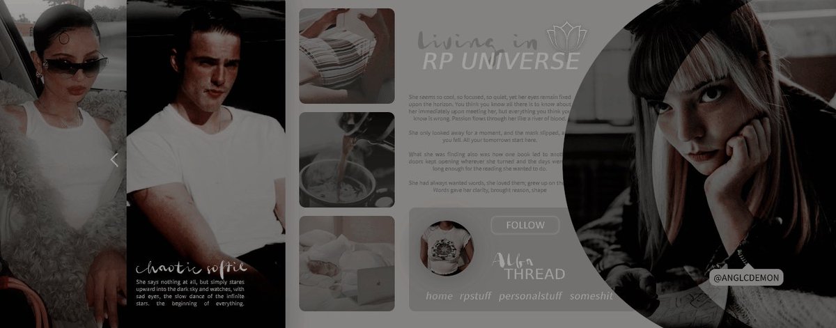 ⠀
⠀⠀⠀⠀⠀  𑁍۱ 𝗔𝗟𝗕𝗔 𝗧𝗛𝗥𝗘𝗔𝗗 ⨾

                She was chaos and
                beauty intertwined.
                A tornado of roses
                from divine.

                ᜰ▮ creative.
                ᜰ▮ drama queen.
                ᜰ▮ indecisive.
⠀