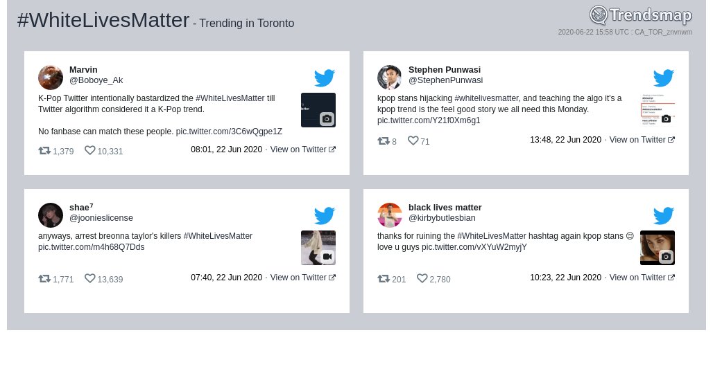 TrendsToronto's tweet photo. #whitelivesmatter is now trending in #Toronto

https://t.co/PnjfE3HjaK https://t.co/5UM9Op2e55