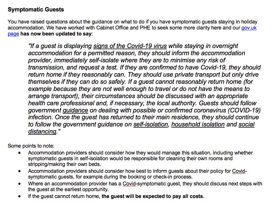 Good news on guests showing symptoms: after lobbying by us and others, the Govt has today changed it’s official guidance to a more sensible position: see extract below; full guidance at GovUK page here: gov.uk/guidance/covid…