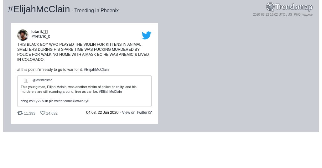 TrendsPhoenix's tweet photo. #elijahmcclain is now trending in #Phoenix

https://t.co/cY2oeRYqiR https://t.co/cUmepkZ47W