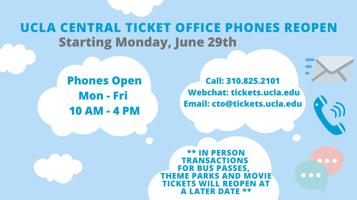 uclaCTO's tweet photo. Next Monday, June 29th, 2020, our office will reopen for phone calls!😀 #reopening #GoBruins https://t.co/3trw6r1jtC