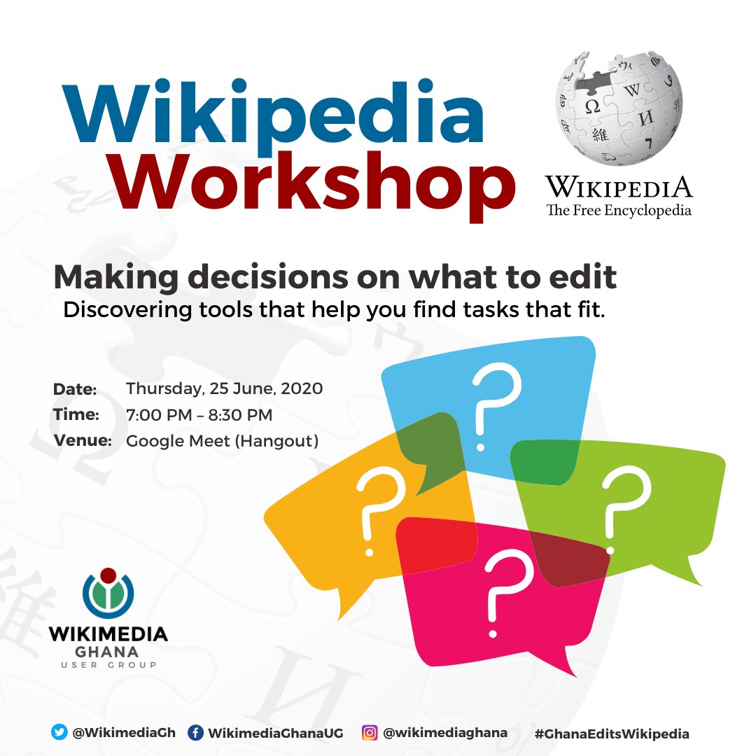 WikimediaGH's tweet photo. Are you a registered Wikipedia editor but it's hard to find tasks to perform? Join this workshop. We will provide you with tools to help you with it.

Check artwork for details. Please register here: https://t.co/mjM4jC3a9F 

#GhanaEditsWikipedia #DiscoverWikipedia https://t.co/DfFhg5z8nq