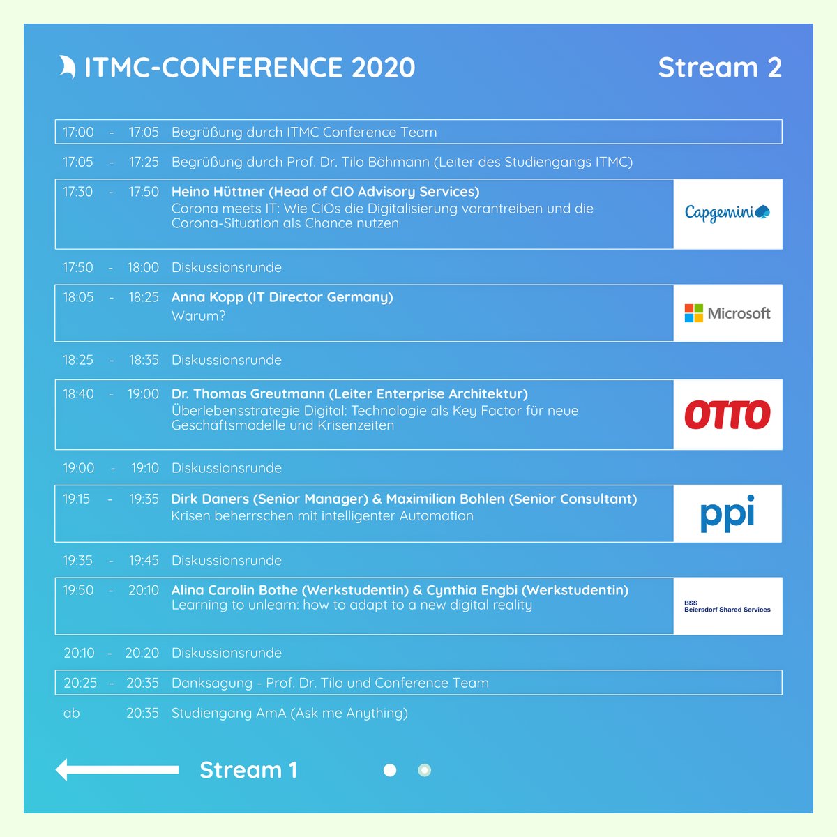 Bald ist es soweit, die ITMC-Conference 2020 steht vor der Tür! 
Hier seht ihr nochmal den Ablaufplan. Links für die Livestreams auf <a href="/TwitchDE/">Twitch DE</a> und <a href="/YouTube/">YouTube</a> findet ihr auf unserer Website. Diese werden aber auch nochmal getwittert.
Schaltet ein!

Website: itmc-conference.de