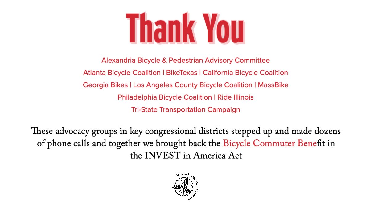 BikeLeague's tweet photo. Great news! We just learned the Bicycle Commuter Benefit is back in the House version of the transportation bill. Thank you to the individual advocates and local advocacy groups that made the calls and sent the emails to their Members of Congress who could make this happen. https://t.co/qOVMoB4ORi