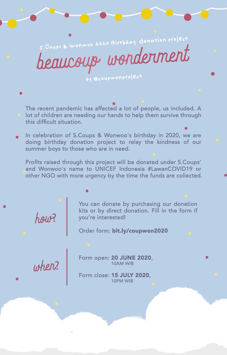 [MY GO/ HELP RT]  @coupwonproject's Beaucoup Wonderment <Birthday Donation Project for S.Coups & Wonwoo>  July 14th, 5PM RM10/RM20/RM25/RM50* details & form:  https://bit.ly/2zSuHmH DM to order or for questions! #SEVENTEENinKL  @pledis_17