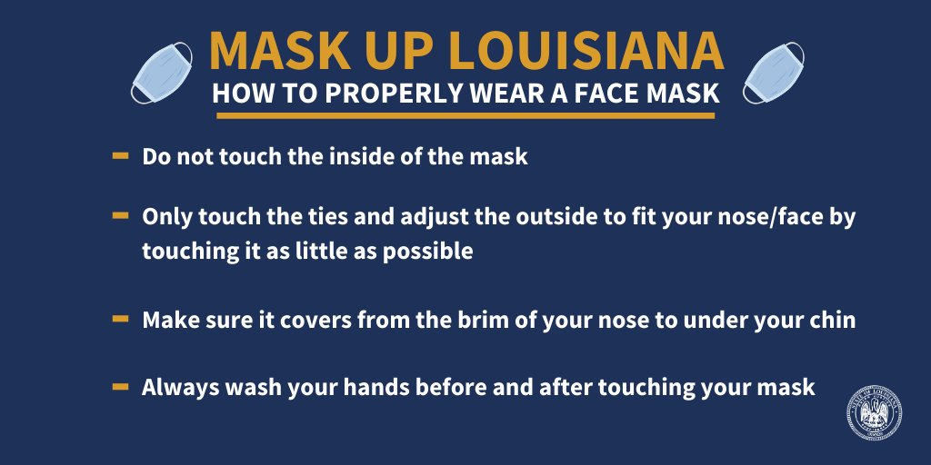 When wearing a mask or face covering: 

😷 Make sure it covers from the brim of your nose to underneath your chin
🧼 Always wash your hands before and after touching your mask
🤚 Don't touch the inside of the mask and adjust as little as possible 

#MaskUpLa #lagov #lalege