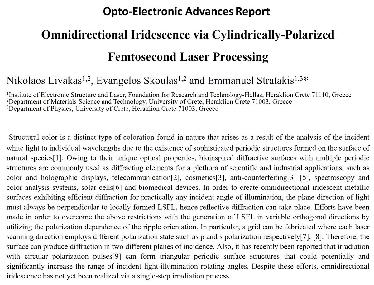 OEA_journal's tweet image. #OEA_Hightlight [Original Article] Omnidirectional iridescence via cylindrically-polarized femtosecond laser processing
#Institute_of_Electronic_Structure_and_Laser
#Laser_processing #Structural_colors #Radial_polarisation
dx.doi.org/10.29026/oea.2…