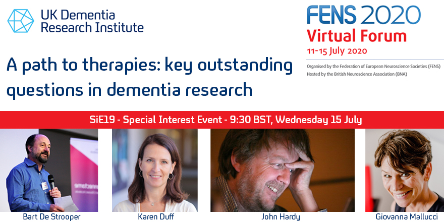 🎉We are delighted to be hosting a special interest event at #FENS2020 🎉

Come join...
✅ Bart De Strooper
✅ Karen Duff
✅ John Hardy
✅ Giovanna Mallucci

... for a discussion on key outstanding questions in dementia research 🧠

⏰9:30 🗓️15 July ➡️ bit.ly/2V8BS1v