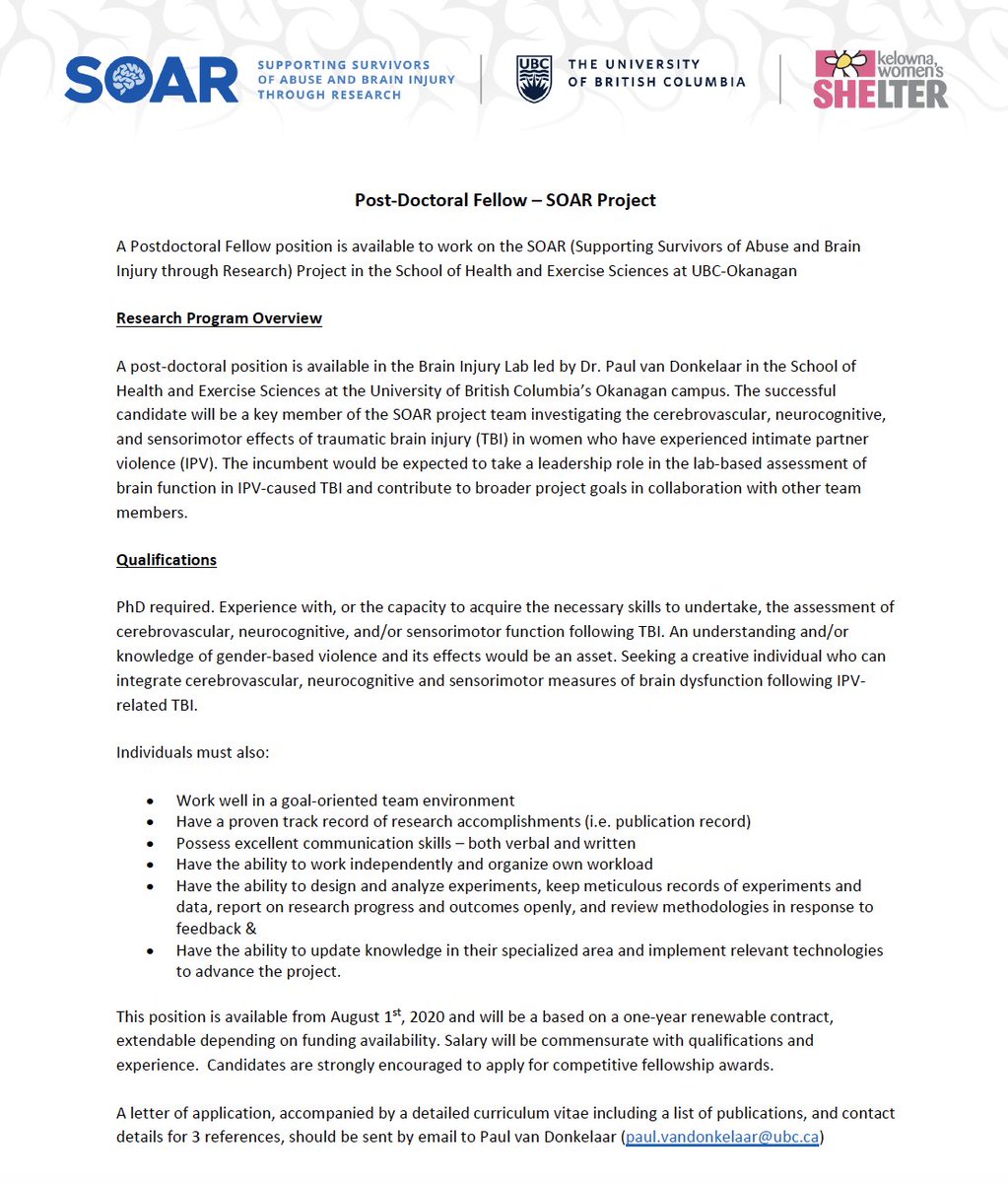 DrvanDonkelaar's tweet photo. The @CanadaSoar Project is looking for a post-doc with interests in using cerebrovascular, sensorimotor, neurocognitive, and blood biomarker measures to better understand #IPV-related #TBI. Come work with our amazing team in beautiful Kelowna! @UBC_HES @UBCO_Research https://t.co/baFnpOX9hF