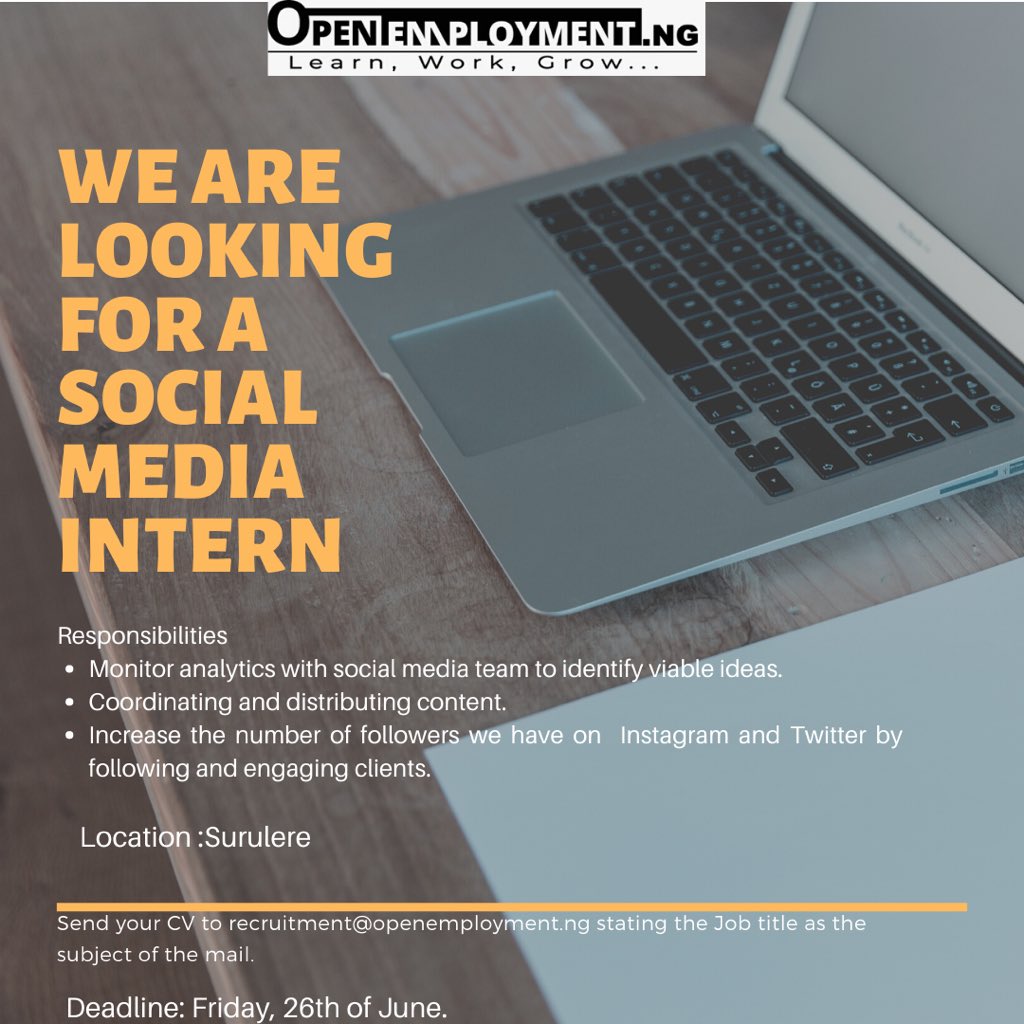 OpenEmployment's tweet photo. Do you have an excellent knowledge of social media platforms and a good content development skills?

We are currently recruiting for the post of a social media intern.

Interested candidates should submit their CV to recruitment@openemployment.ng 

Deadline: Friday, 26th of June. https://t.co/tFDyGdVDJV