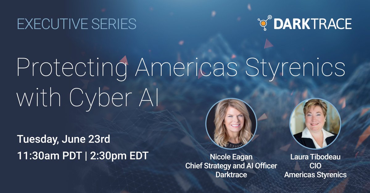 Darktrace's tweet photo. Happening tomorrow, don’t miss Darktrace's Chief Strategy Officer, Nicole Eagan, and Amsty’s CIO, Laura Tibodeau, discussing how Cyber AI safeguards Amsty's plastic products from cyber-attack. #manufacturing #AmSty #AI 
https://t.co/NXu4UbTbEm https://t.co/wtCfGGwRrL