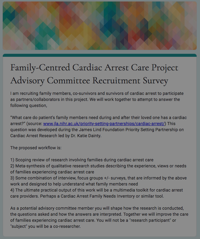 I'm recruiting family members whose loved-one experienced cardiac arrest, as project advisors. Together we will improve the care of families during cardiac arrest care! Please RT! Link to intake form: forms.gle/EfEro7DtwRt4Rc…
#cardiacarrest #survivor #heartattack #CPRSavesLives