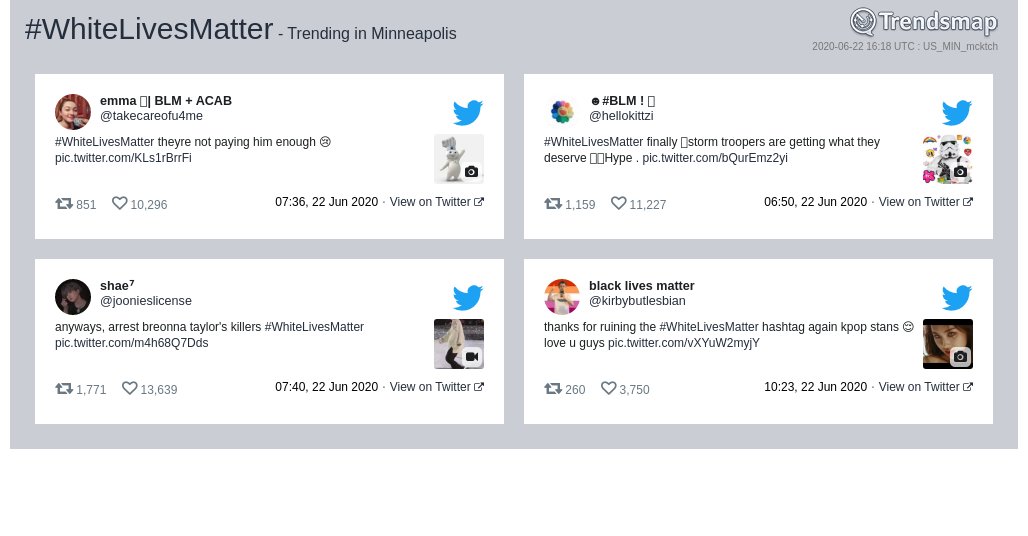 TrendsMPLS's tweet photo. #whitelivesmatter is now trending in #Minneapolis

https://t.co/XhMYPJKeye https://t.co/2eMg9r4CLK