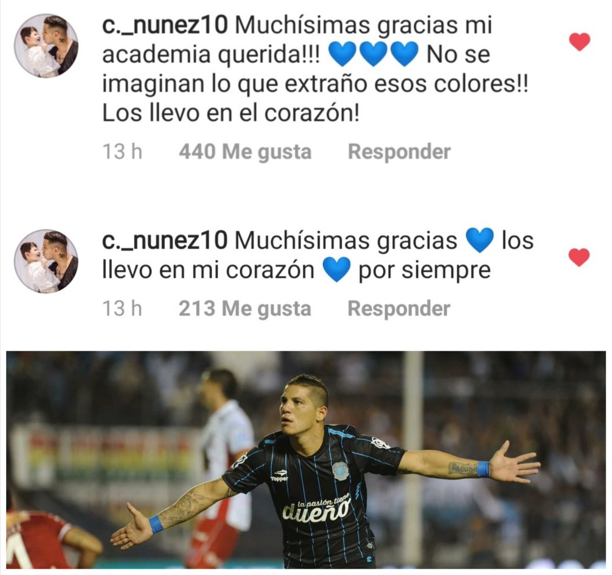 DataRacingOK's tweet photo. #RACING - Los comentarios de Carlos #NÚÑEZ en las publicaciones de #DataRacing sobre su cumpleaños. ⚽💙 https://t.co/DFVdnHk0or