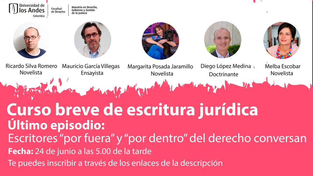 Queridos lectores:

El último episodio del Curso Breve de Escritura jurídica será en vivo, a las 5.00 de la tarde del miércoles 24 de junio. Estaremos con <a href="/melbaes/">Melba Escobar</a> <a href="/SrtaBovary/">𝙼𝚊𝚛𝚐𝚊𝚛𝚒𝚝𝚊 𝙿𝚘𝚜𝚊𝚍𝚊 𝙹.</a> <a href="/mgarciavillegas/">Mauricio Garcia V</a> y <a href="/RSilvaRomero/">Ricardo Silva Romero</a> 

Pueden asistir aquí: bit.ly/314LU7G

Cordial saludo, DLM