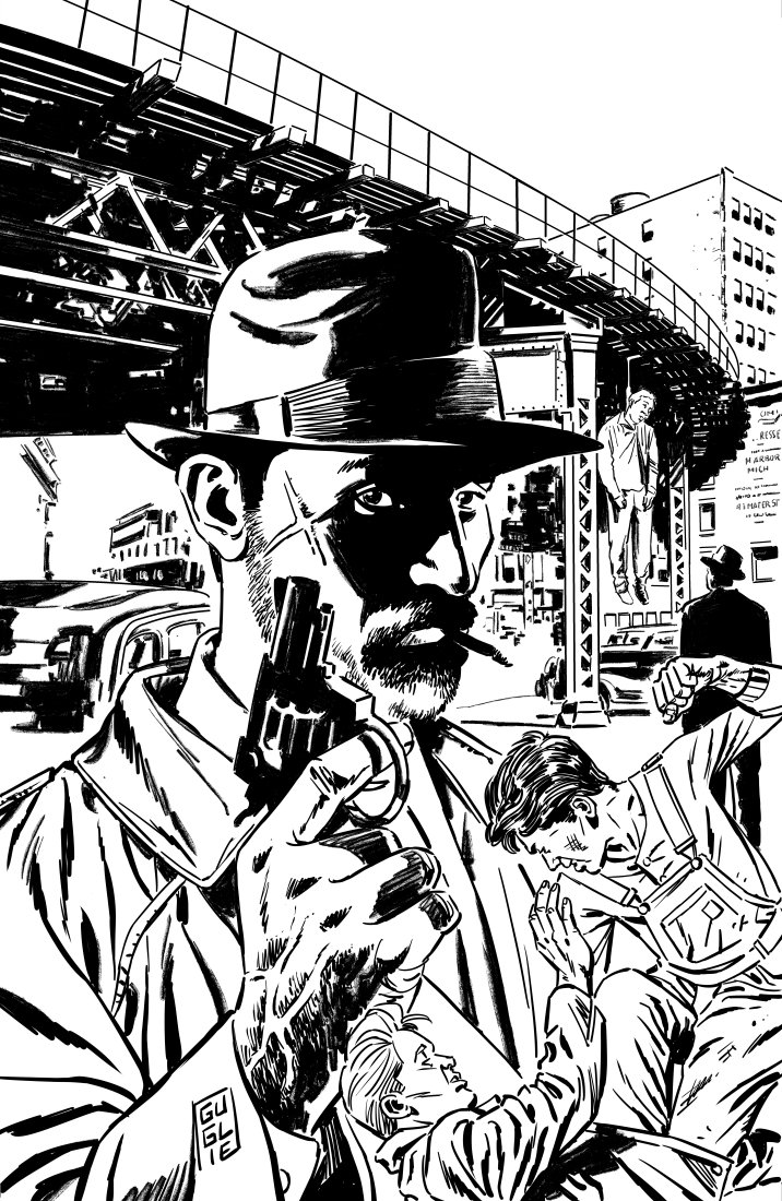 SGuglie's tweet photo. An image I drew for my Noir short story personal project. I will use it as internal chapter cover in the book, covering SCARRED, DOA and HANG OVER stories #noir #noiralley #shortstories #blackgrid https://t.co/oSs81wYjm0