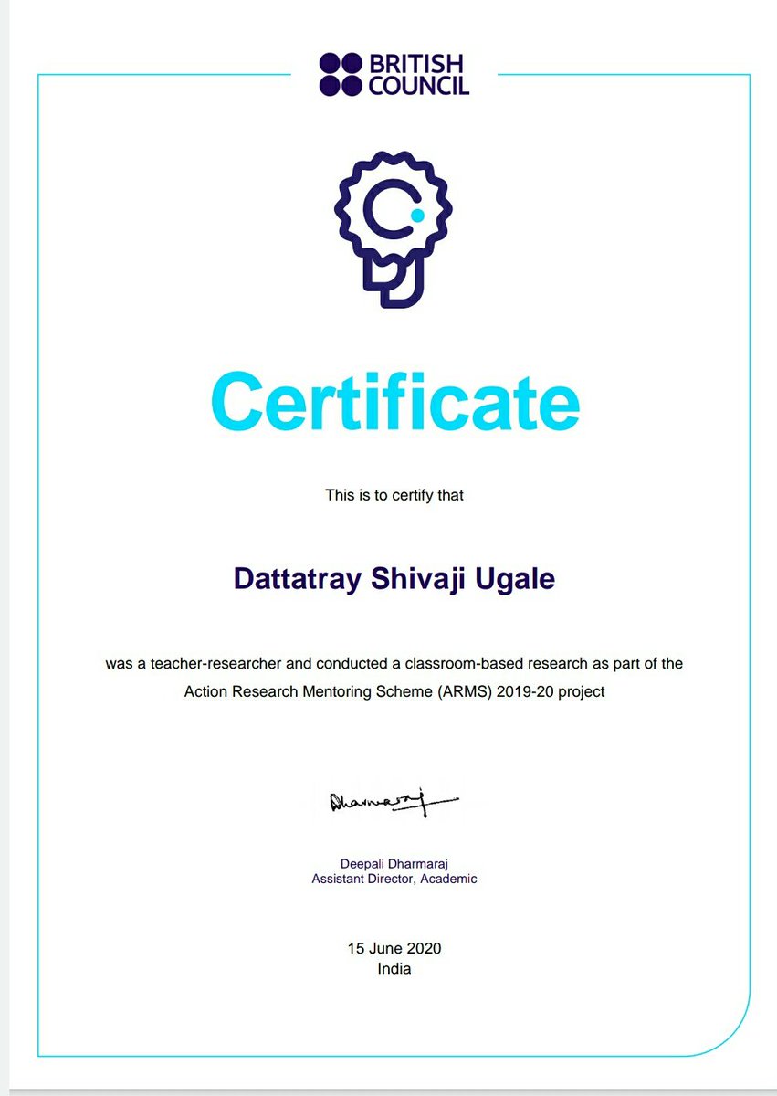Ecstasy moment in career!
Finally got a certificate for teacher researcher
Thanks to my Mentors Mr.Ashok Chavhan sir &amp; Mr.Nisar Shaikh  for their valuable guidance and support.Also tons of thanks to British council who helped me revealed me as a teacher reseaecher from teacher.