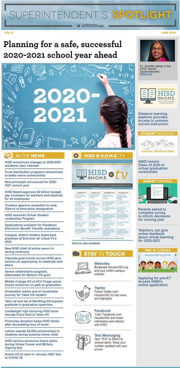 The June edition of the Superintendent Spotlight is here! ✅it out for a special message from <a href="/HISDSupe/">Mike Miles</a> on planning for a safe, successful 2020-2021 school year #HISDEmpowers ✅bit.ly/3hBb5Vn