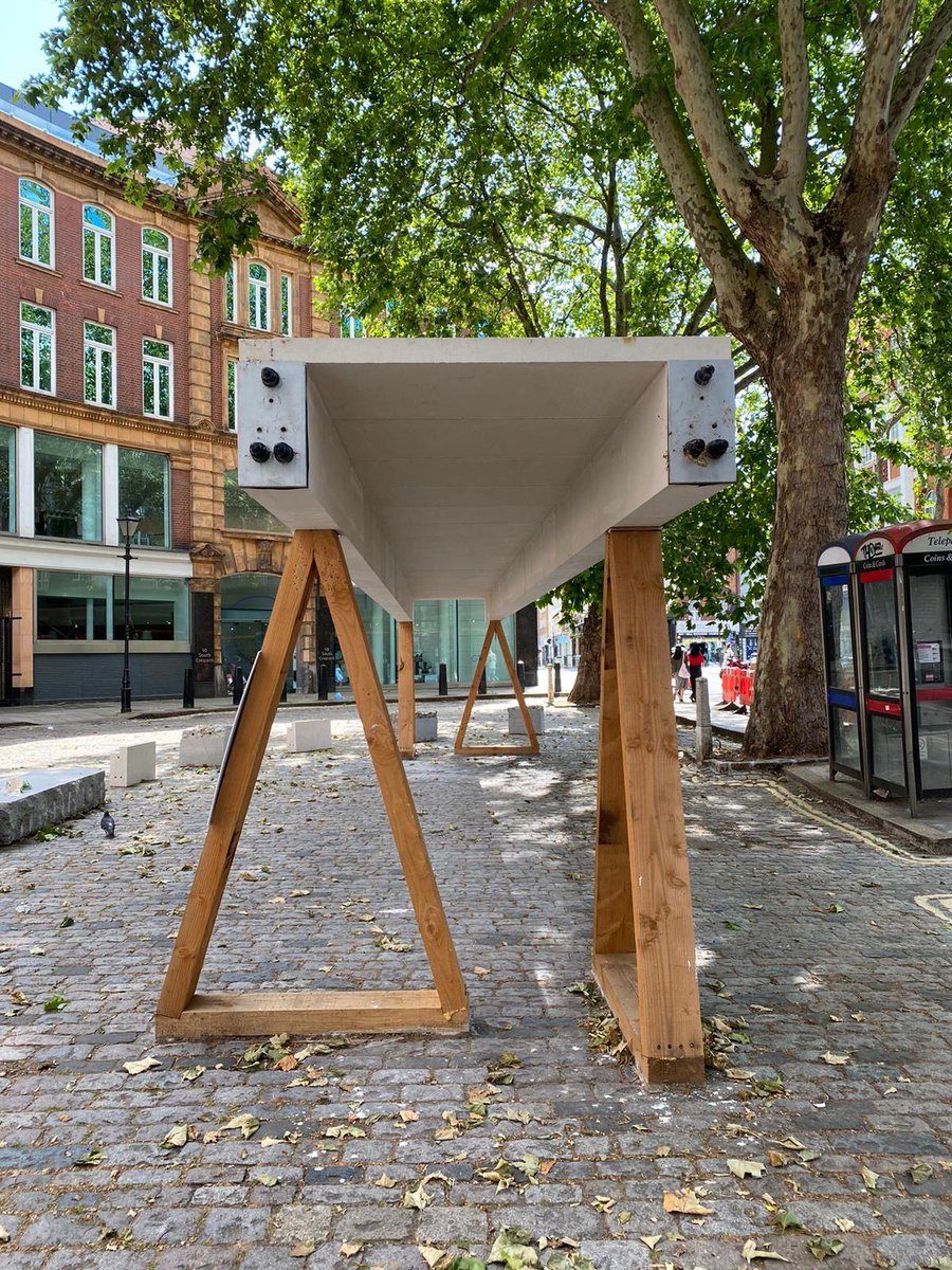 SHHArchitects's tweet photo. Material Monday - The New Stone Age exhibition outside the @BuildingCentre in Fitzrovia. Created by @WebbYates engineers with stone masons @stonemasonryco and @Groupwork_arch architects. An alternative to precast hollow core concrete floor slabs. #buildingcentre #construction https://t.co/LCWysYFdQf