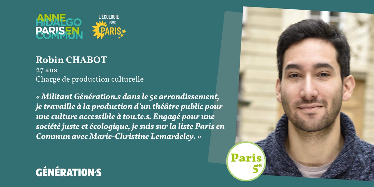 generations_75_'s tweet photo. [Candidat.e.s #GénérationsParis] Robin est candidat à #Paris5, sur la liste @ParisEnCommun - @ecoloparis2020 menée par @MCLemardeley avec @Anne_Hidalgo.
@robinchbt #Municipales2020 https://t.co/TlJSTdeig9