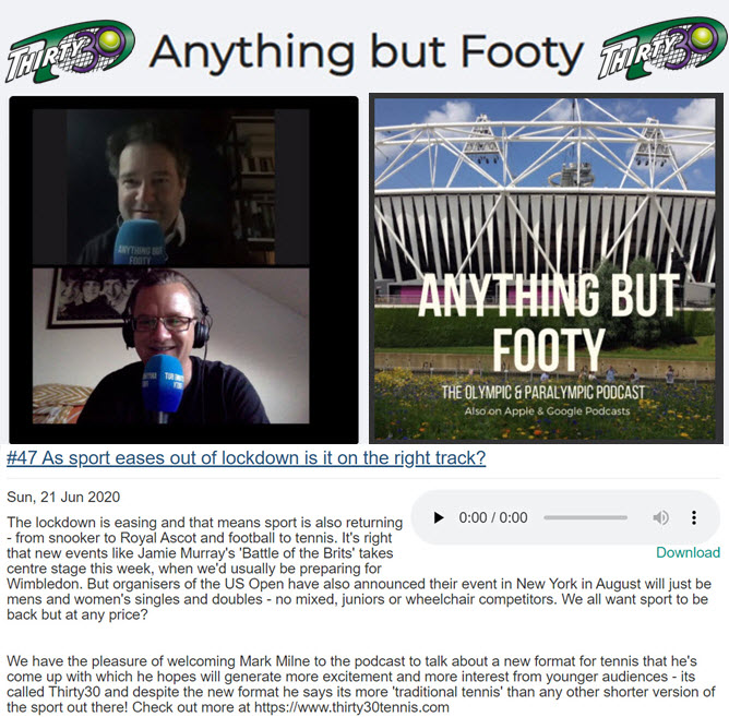 thirty30tennis's tweet photo. 'Anything but Footy' interview with T30's Mark Milne

#47 As sport eases out of lockdown is it on the right track?

https://t.co/opWb7CrWC0

#tennis #tenis #thirty30tennis #t30tennis #itf #atp #wta #wtca #fast4 #tiebreaktens #tb10s #shorterscoringmethod #shorterformat #UTShowdown https://t.co/9p69lEXQ35