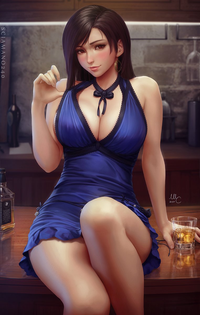 Tifa in her blue dress from Final Fantasy 7, 3rd and final reward of the  June Patreon pack. She's a little tipsy...