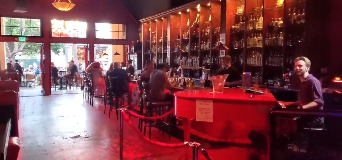 EVEN WITH ropes for distance around the performer and no dancing, THE RED PIANO finds out last weekend, there's still no live music allowed under the COVID rules according to the Santa Barbara County Health Department. This was the look last week.  Now the piano player is gone.