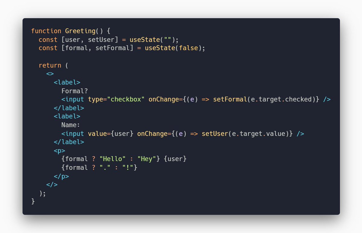 josh_carvel's tweet photo. (2/2)

In classes, you usually have a state object with lots of properties. You can use this approach with useState(), but having multiple useState() calls is simpler.

The state values are linked together in React's source code - it knows which component they belong to. https://t.co/47EPLlJFJB