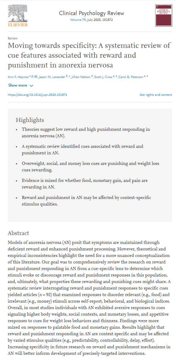 Review led by our @HaynosAF, co-authored by Jason Lavender, Jillian Nelson and our Scott Crow &amp; Carol Peterson. 
Overview:
👆 Reward/punishment response in AN are context specific
👆 Weight loss cues-- rewarding
👆 Overweight, social, and money loss cues-- punishing
#AN #research